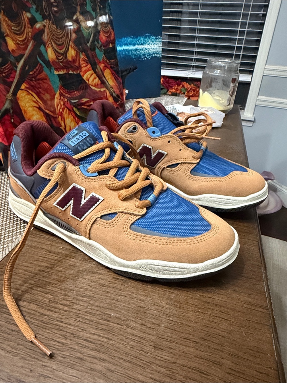 New Balance Blue and Tan Athletic Sneakers with Maroon Logo